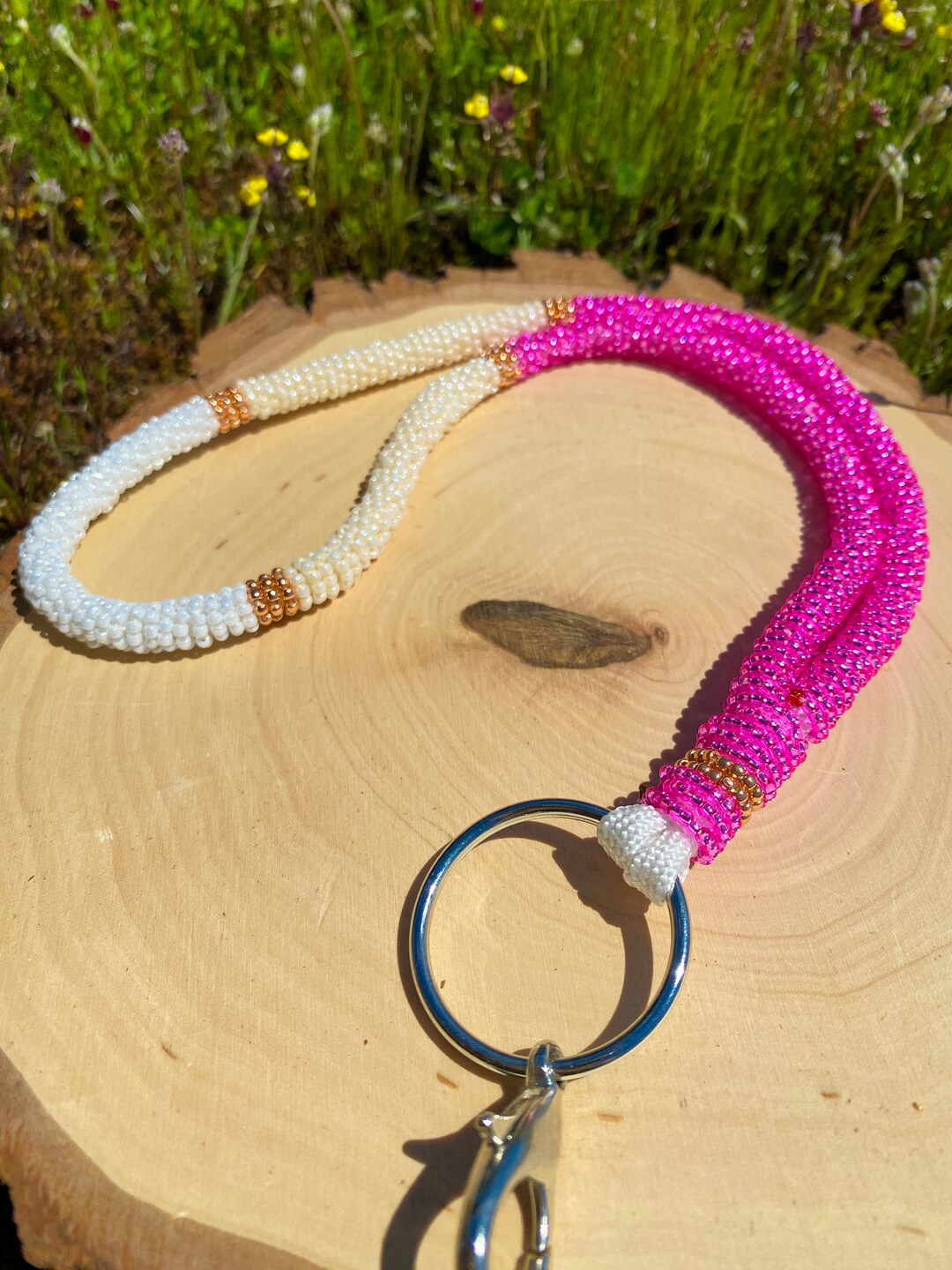 Beaded Rope Lanyard Pink Fuchsia White Gold Threaded Etsy