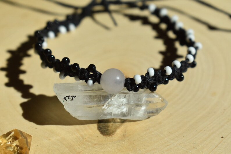 Yin And Yang White Hemp Custom Bracelet Yin Yang Bracelet Rose Quartz Bead Personalize Black And White Bracelet Ying Yang Black Hemp