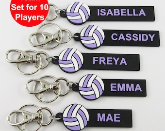Set of 10 Personalised Netball Name Keychains White and Lilac Netball