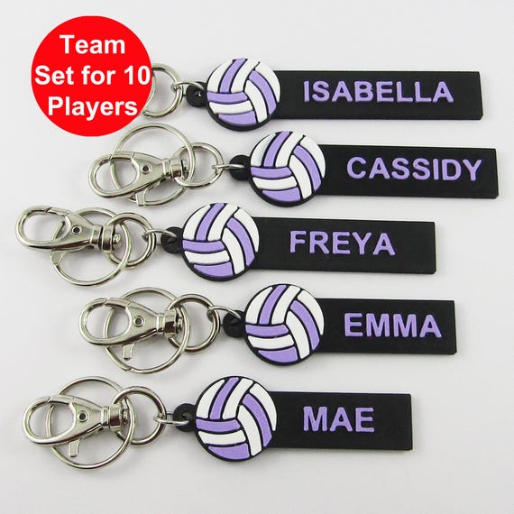 Set of 10 Personalised Netball Name Keychains White and Lilac