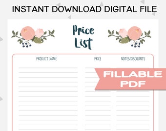 Price List, Price Chart, Handmade Business Printable, Craft Fair Printable, Craft Show Tracker, Business Forms, Vendor Kit, PB1