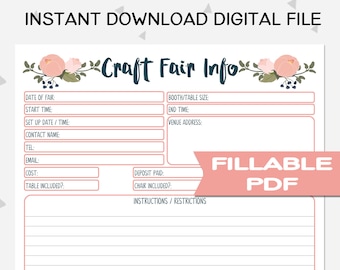 Craft Show Info Sheet, Handmade Business Printable, Business Planner, Craft Fair Printable, Craft Show Tracker, Business Forms, PB1