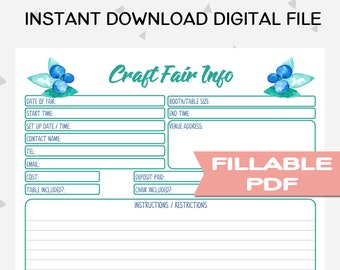Craft Show Information, Handmade Business Printable, Keep Track of Your Booked Events, Add Event Details Before Printing, Blueberry, BB1