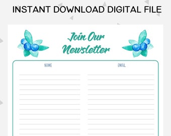 Newsletter Sign up Sheet Printable, Email Subscription List for Handmade Business, Gather Emails at Events For Email Marketing, Blueberry