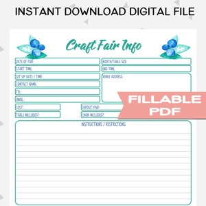 Craft Show Information, Handmade Business Printable, Keep Track of Your Booked Events, Add Event Details Before Printing, Blueberry, BB1
