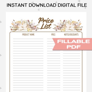 Price List Printable, Price Chart, Handmade Business Printable, Craft Fair Printable, Craft Show Tracker, Business Forms, Vendor Kit, AU1