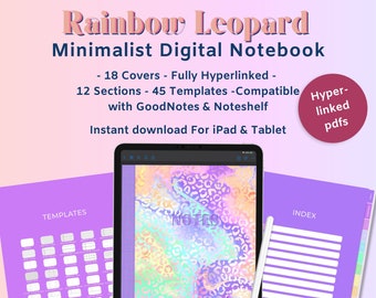 Minimalistisches digitales Notizbuch mit 12 Hyperlink-Registerkarten. 18 Cover mit Regenbogen-Leoparden-Motiv. 45 Digitale Planer Seiten, Goodnotes, Notizenregal