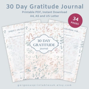 Diario de gratitud imprimible, páginas de planificación consciente, indicaciones de 30 días, diario de una línea al día, descarga digital de PDF, A4, A5, carta de EE. UU.