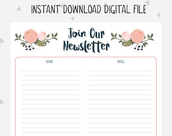 Newsletter Sign up Sheet, Email Subscription list, Handmade Business, Craft Business, Craft Fair Printable, Business planner, Forms, PB1
