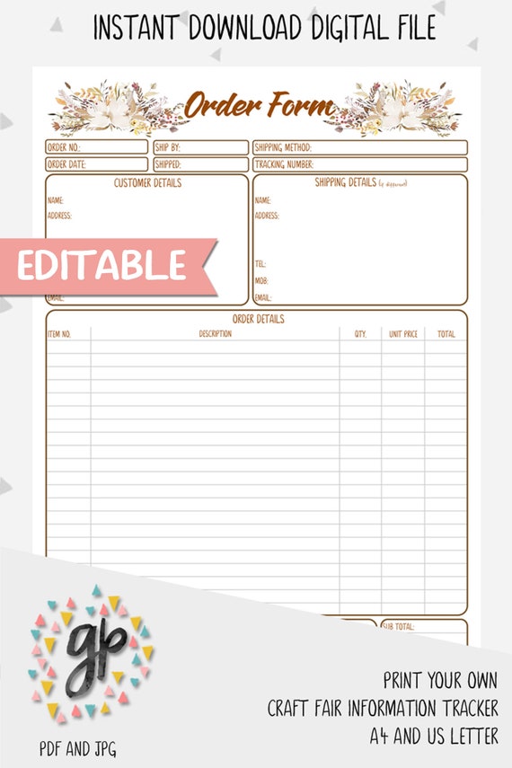 editable customer order form for handmade business order form etsy