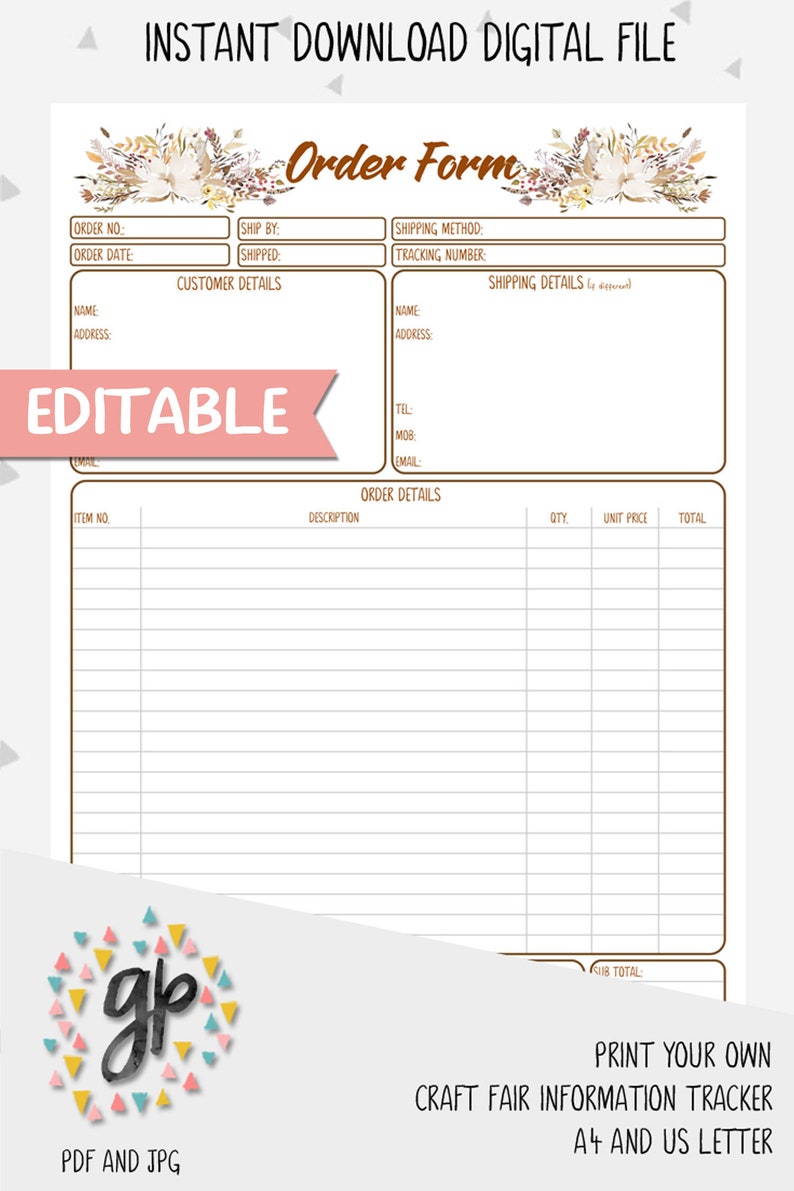 editable customer order form for handmade business order form etsy