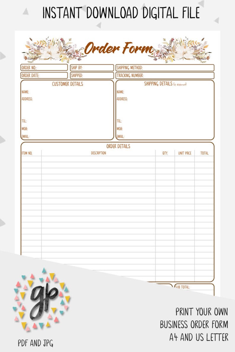 Order Form Printable for Handmade Business, Client Order Form Printable ...