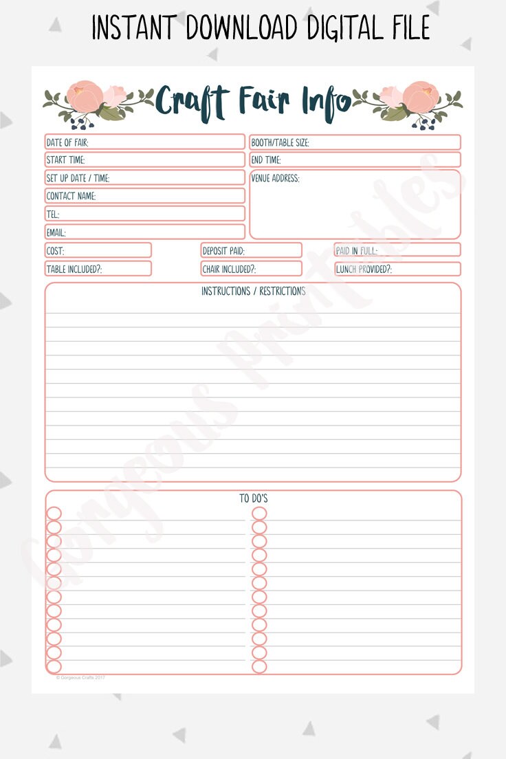 Craft Show Info Sheet, Handmade Business Printable, Business Planner ...