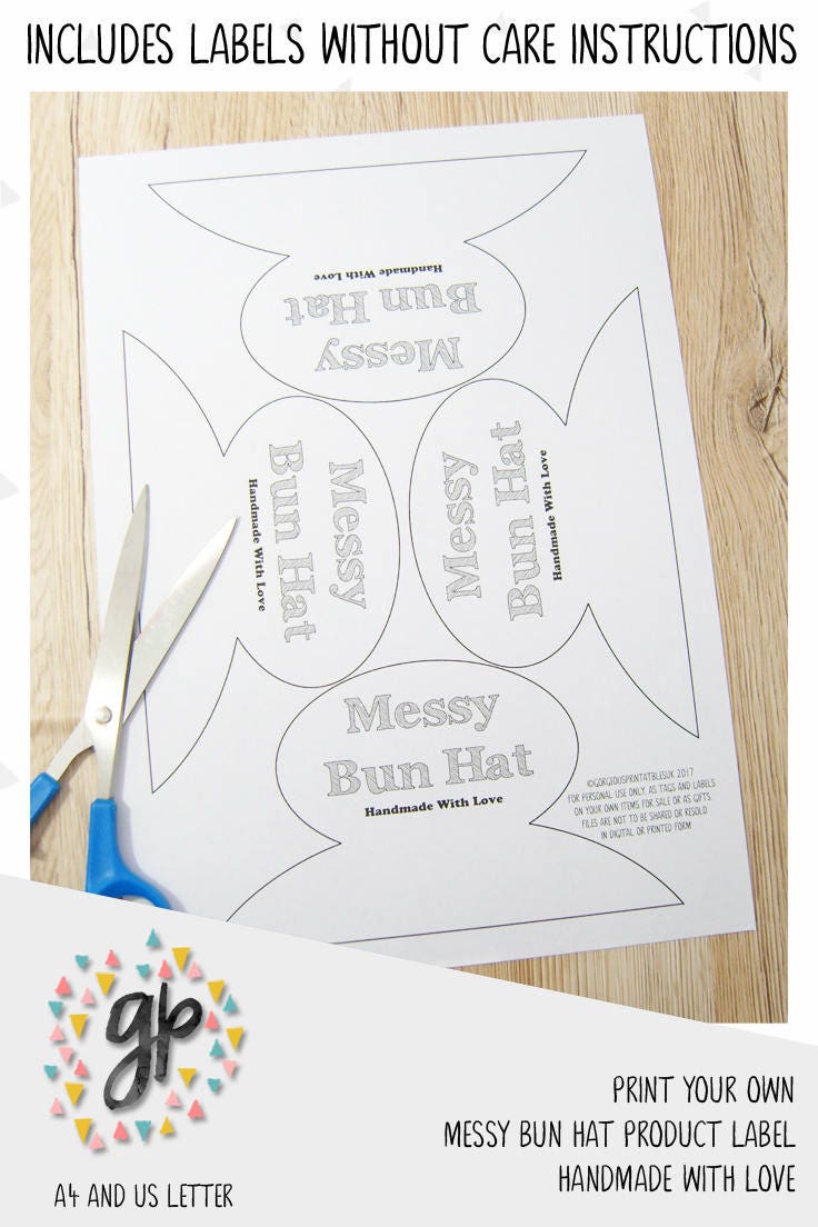 Printable Hang Tags for Messy Bun Hat, Printable Handmade Label ...