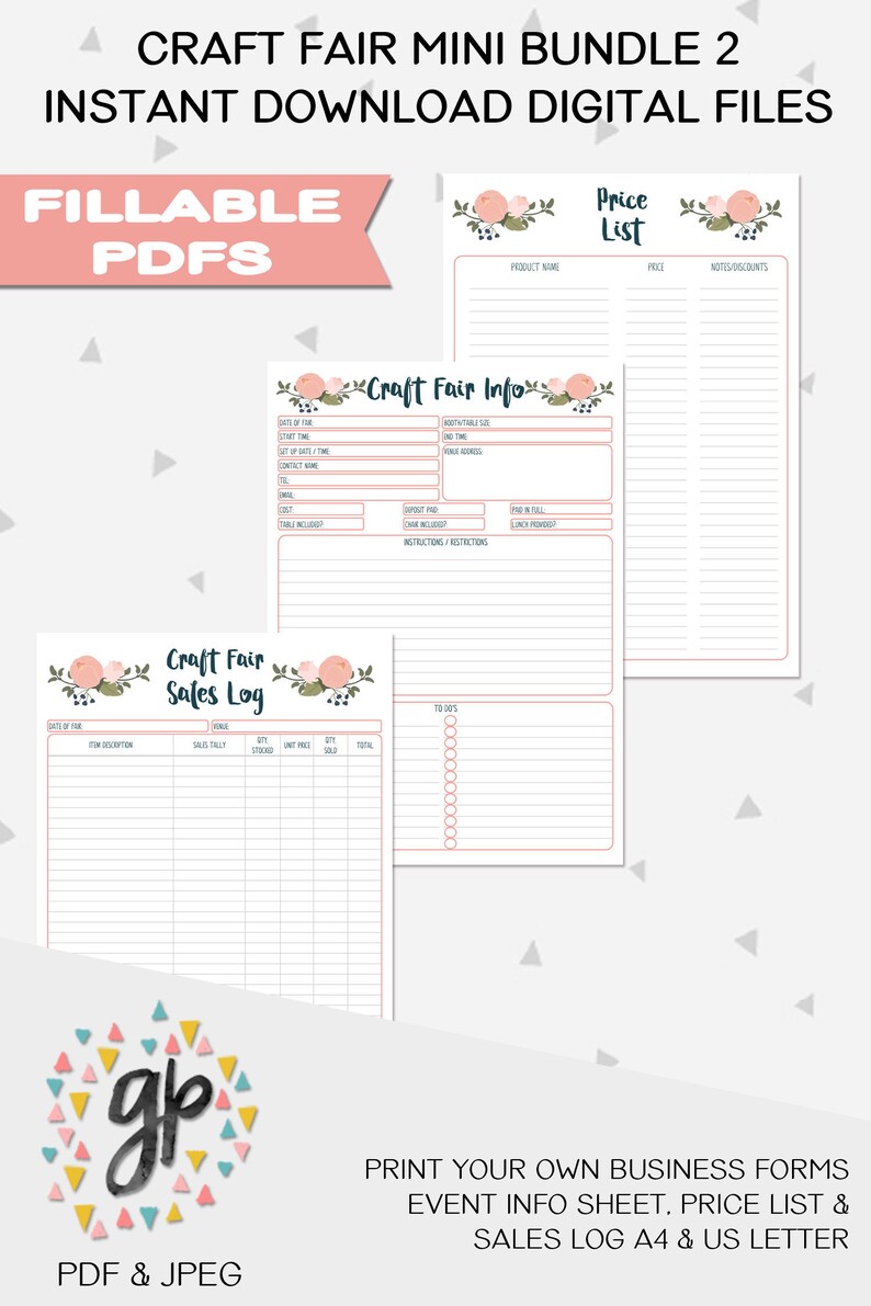 May include: Printable craft fair forms in a pink and white floral design. The forms include a price list, event info sheet, and sales log. The forms are available in A4 and US Letter sizes.
