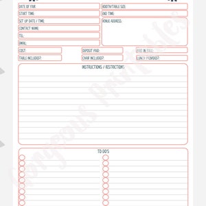 May include: A printable craft fair information sheet with a pink floral design. The sheet includes sections for date of fair, start time, set up date and time, contact name, tel, email, cost, table included, deposit paid, chair included, paid in full, lunch provided, instructions and restrictions, and to do's.