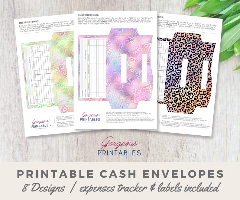 Printable Cash Envelopes System, with expenses tracker & category labels, 8 Bright Leopard Print Budget Envelopes, INSTANT DOWNLOAD CELP1 image 5