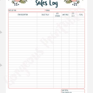 May include: A printable craft fair sales log with a floral design. The log includes sections for item description, sales tally, quantity stocked, unit price, quantity sold, and total. It also includes sections for sub-total, table/booth fee, and total.