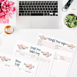 May include: Three printable craft fair planning sheets with a floral design. The sheets include a price list, sales log, and craft fair info.