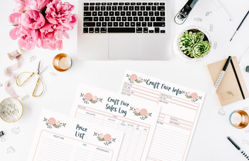 May include: Three printable craft fair planning sheets with a floral design. The sheets include a price list, sales log, and craft fair info.