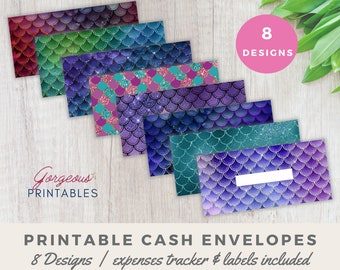 May include: Eight printable cash envelopes with mermaid scale designs in various colors, including red, green, blue, purple, and teal. The envelopes have a shimmering effect and include the text "PRINTABLE CASH ENVELOPES" and "8 Designs / expenses tracker & labels included."