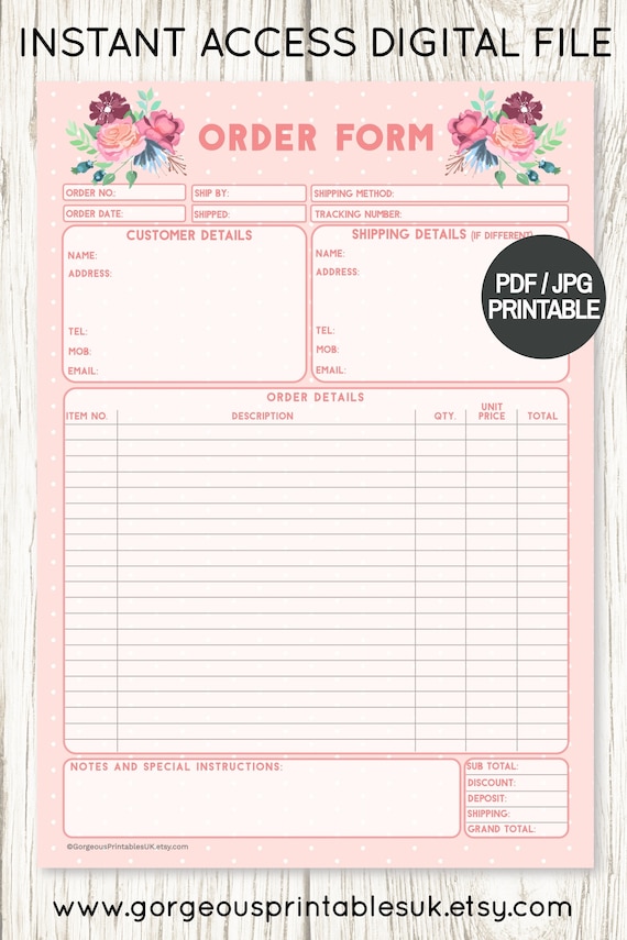 Blush Pink Order Form Printable for Business Client Order - Etsy