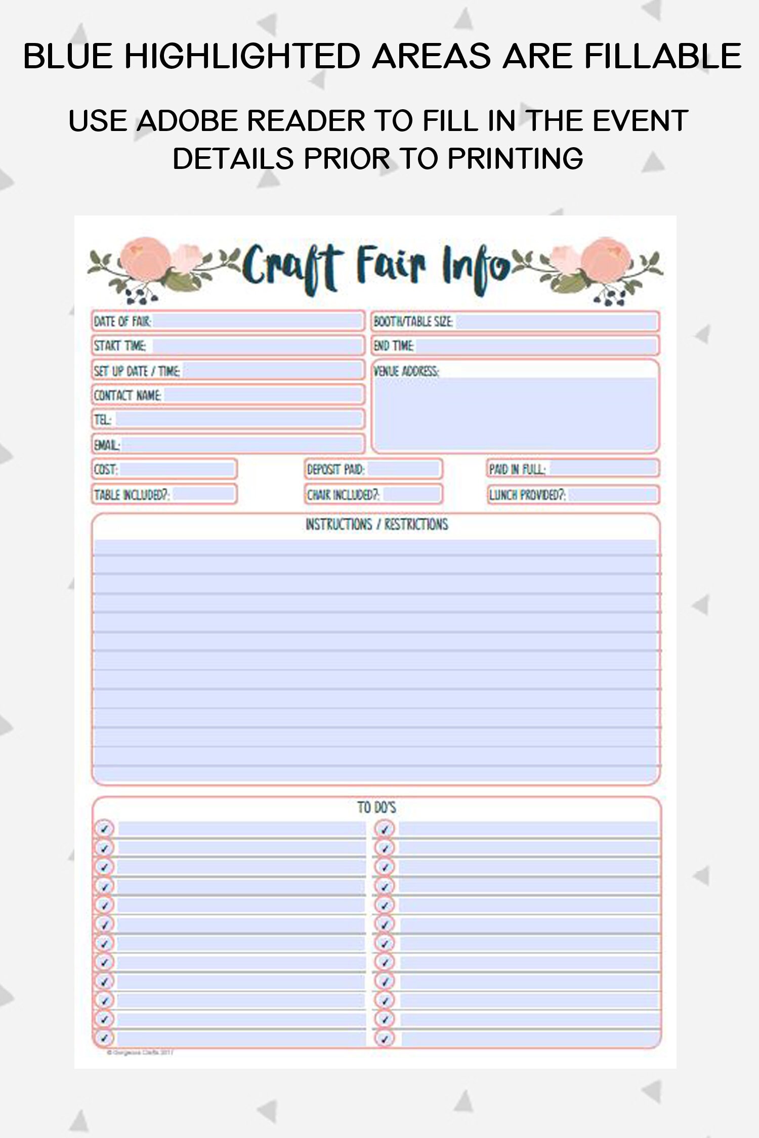 Craft Show Info Sheet, Handmade Business Printable, Business Planner ...