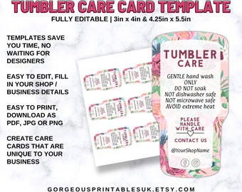 Tumbler Care Cards Template, Editable Wash Instructions, Print And Cut PNG, PDF or Jpg, Blush Pink Floral Business Insert Card, B6B5