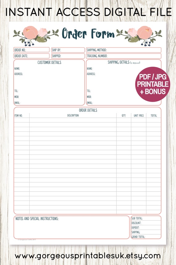 Order Form Printable for Business Client Order Form | Etsy