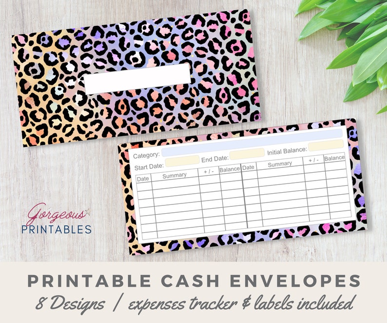 Printable Cash Envelopes System, with expenses tracker & category labels, 8 Bright Leopard Print Budget Envelopes, INSTANT DOWNLOAD CELP1 image 3