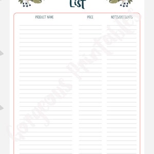 May include: Printable price list template with floral design. The template has three columns labeled "Product Name", "Price", and "Notes/Discounts".