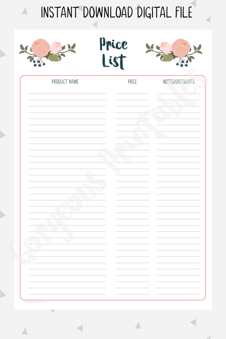 May include: Printable price list template with floral design. The template has three columns labeled "Product Name", "Price", and "Notes/Discounts".