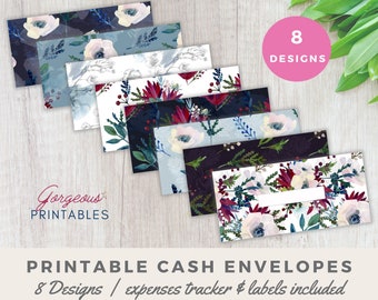 Printable Cash Envelopes System, with expenses tracker & category labels, Floral Budget Envelopes, set of 8, INSTANT DOWNLOAD CEMW1