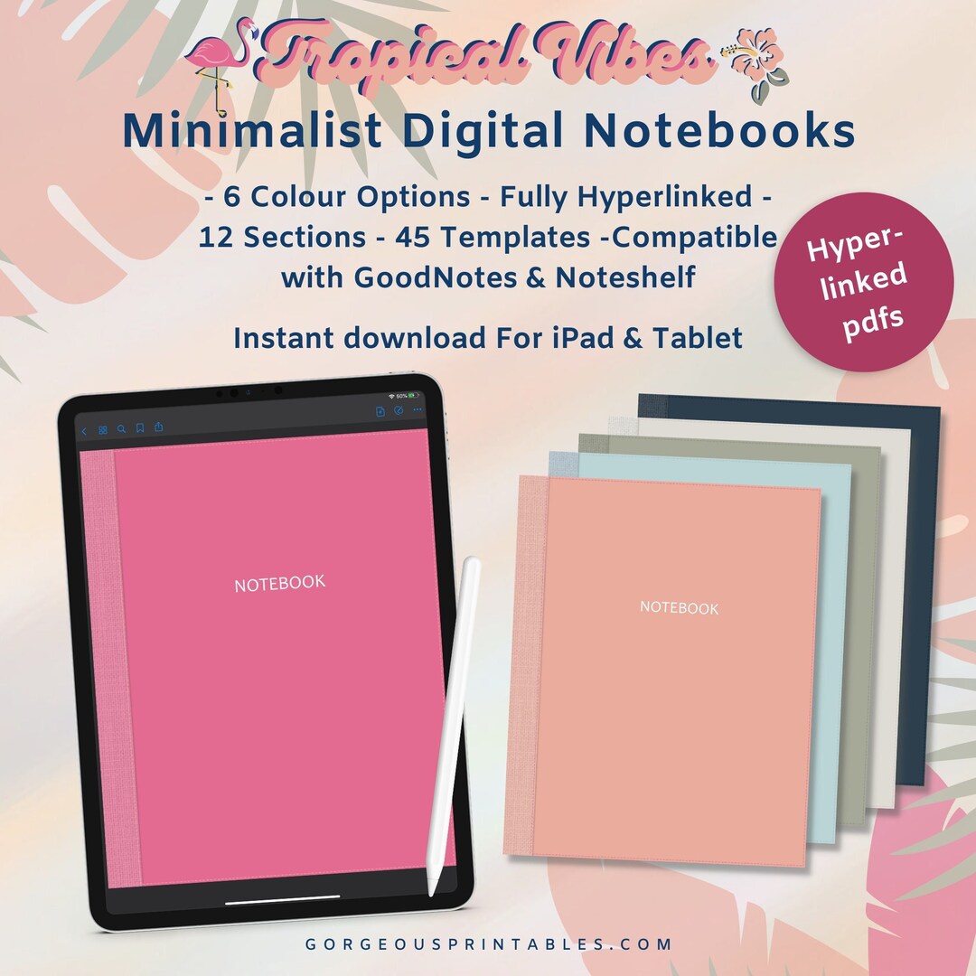 Minimalist Digital Notebook With 12 Hyperlinked Tabs, 6 Tropical Colour ...