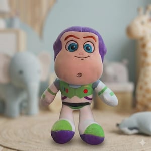 May include: A plush toy character featuring a purple hood, large blue eyes, and a light-colored face. The torso is white with a green chest plate, red and green circular accents, and purple details. The legs are white with green and purple feet.