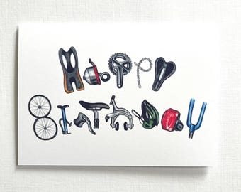 Cyclist Birthday Card: Bike Parts Drawing, cycling theme (7x5 inches)