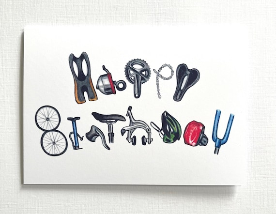 Cyclist Birthday Card: Bike Parts Drawing, cycling theme (7x5 inches)