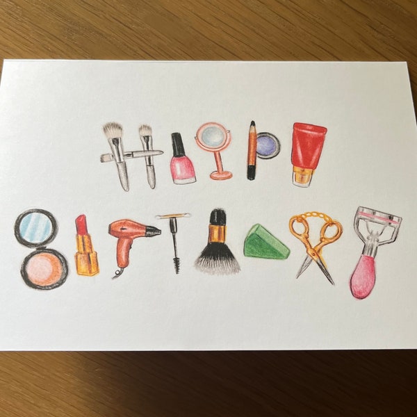 Birthday card with beauty and make up objects, 7x5 blank inside.