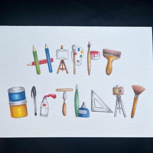 Artist, art student birthday card - 7x5 inches - blank art equipment card