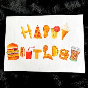 Cibo spazzatura, fast food, biglietto di auguri per il compleanno di snack - lettere dell'alfabeto - biglietto vuoto da 7x5 pollici