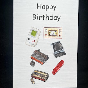 Retro gamer birthday card, 80’s, gameboy, Atari electronic games 7x5 inch vintage games
