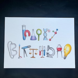Scientist birthday card, science, medical student, scientific equipment - 7x5 inches - blank inside