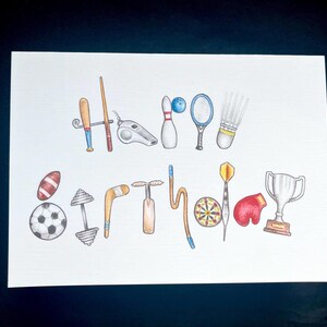 Sports fan birthday card, sports equipment alphabet, 7x5 card for athlete or student