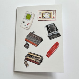 レトロゲーマーの誕生日カード、80年代、ゲームボーイ、アタリ電子ゲーム 7x5 インチ