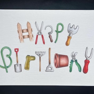 gardener birthday card - gardening tools equipment alphabet- 7x5 blank card