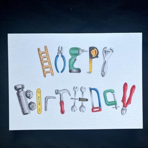 Birthday card  tools and DIY, 7x5 blank inside, builder, carpenter card