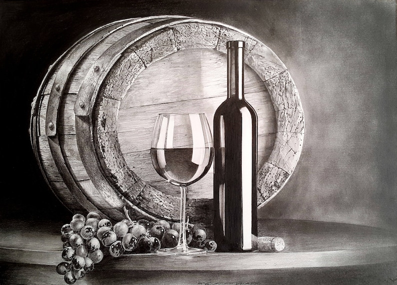 Wine Grapes Still Life Original Pencil Drawing Fine Art Etsy