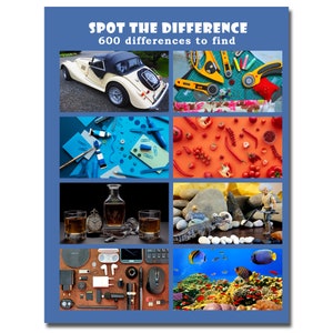 Puede incluir: Un collage de seis imágenes que presentan diversos objetos, incluyendo un coche clásico, herramientas de costura, materiales de arte, chiles, un bodegón con una botella y vasos, una figura de cocodrilo, una colección de electrónica y una escena submarina colorida. El texto "SPOT THE DIFFERENCE 600 diferencias para encontrar" está en la parte superior de la imagen.