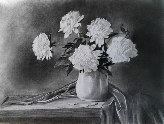 Fleurs Pivoines Crayon Dessin Mural Art Cadeau Fine Art Original