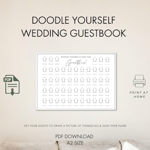 Op de afbeelding: Een wit trouwgastenboek met de tekst "DOODLE YOURSELF WEDDING GUESTBOOK". Het gastenboek heeft ruimtes voor gasten om foto's te tekenen en hun namen te ondertekenen. Inclusief een PDF-download en is A2-formaat.